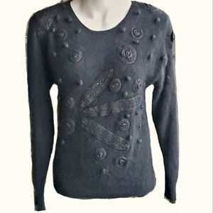 Susann D Black Wool Angora Blend Sweater With Floral 3D Appliques Size S…